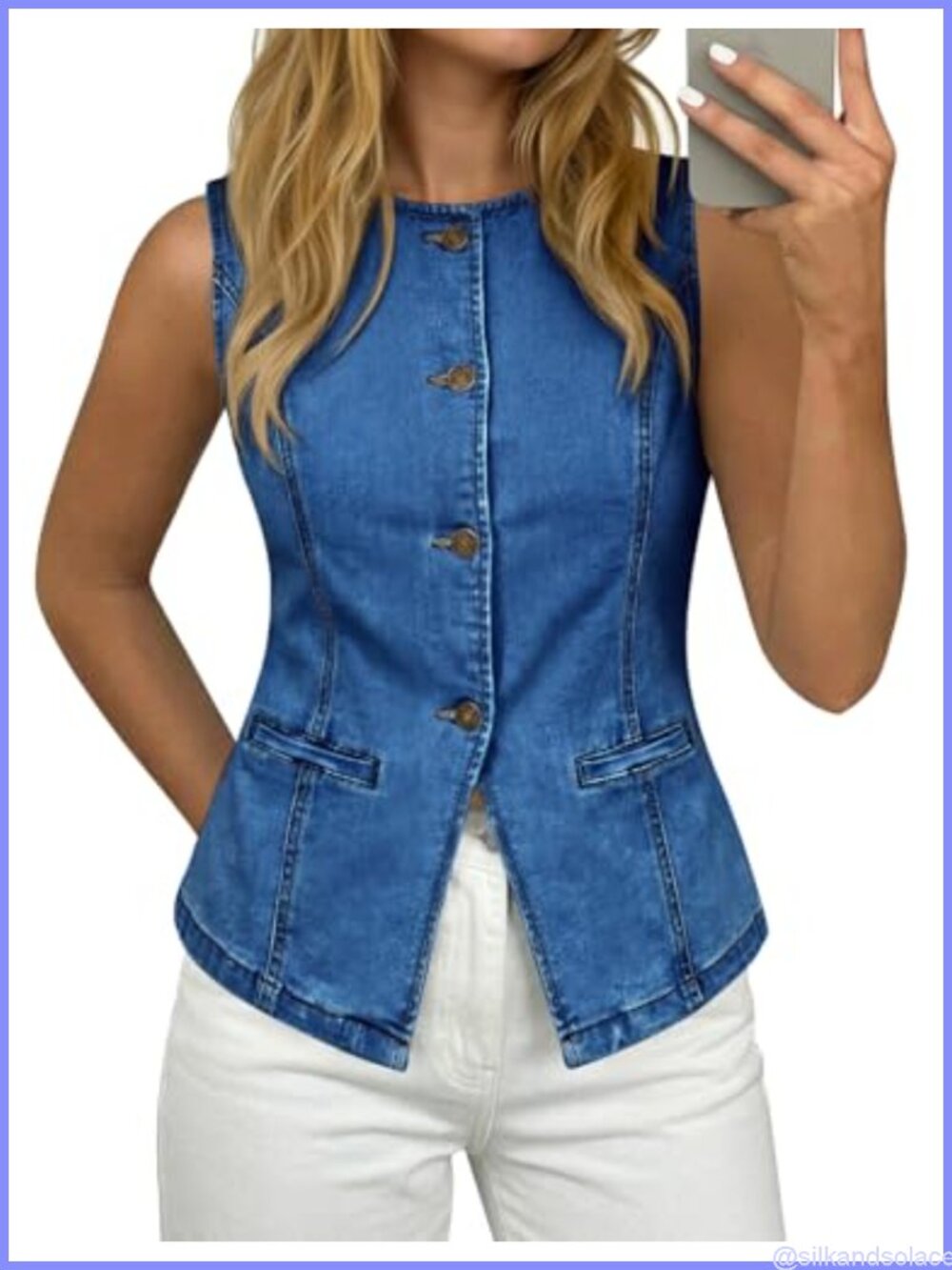 Sleeveless Denim Vest Women Button Down Split Hem